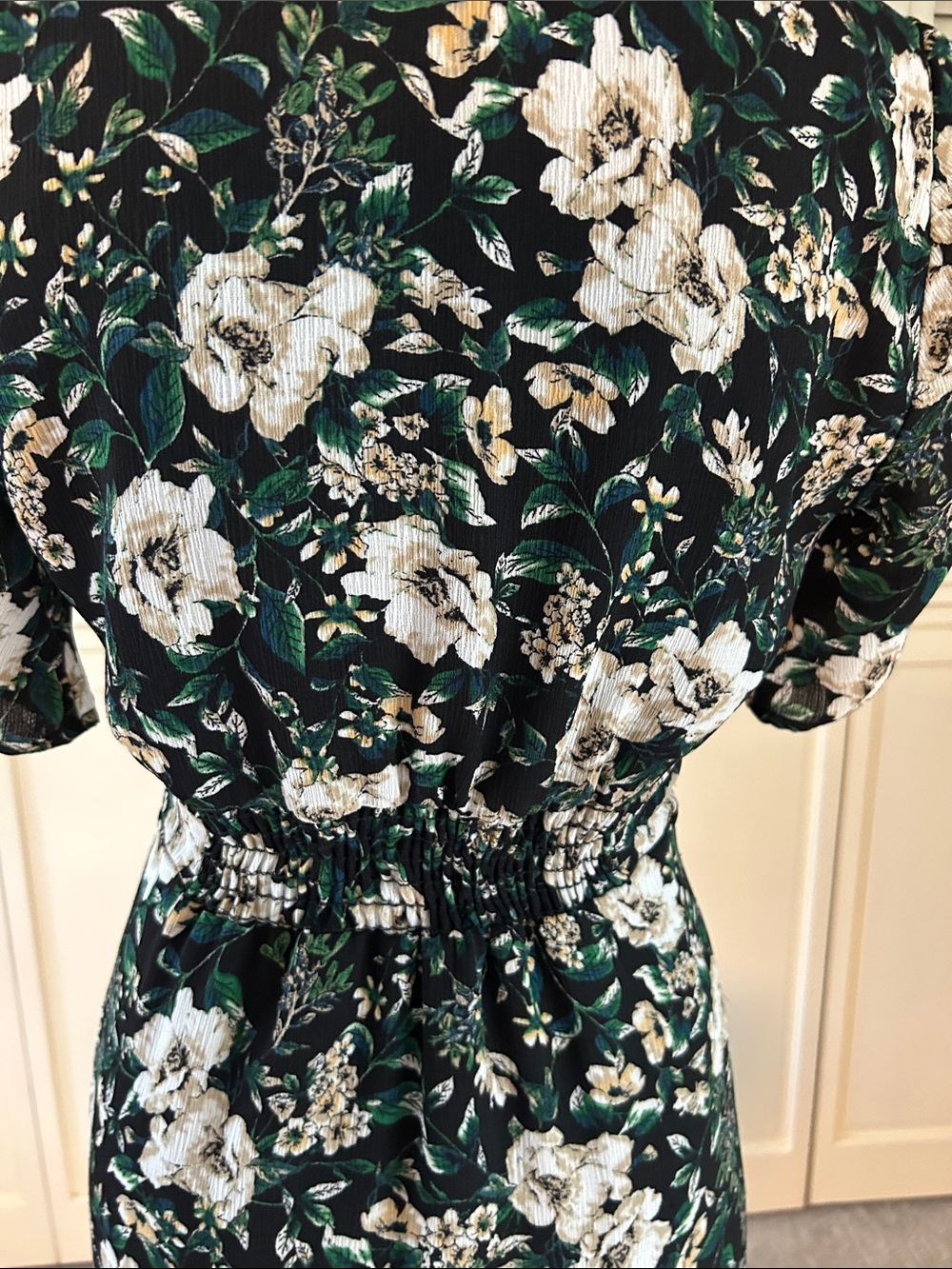 Astr Black Floral V-Neck Midi Dress with White Flowers and Green Leaves - Picture 7 of 8